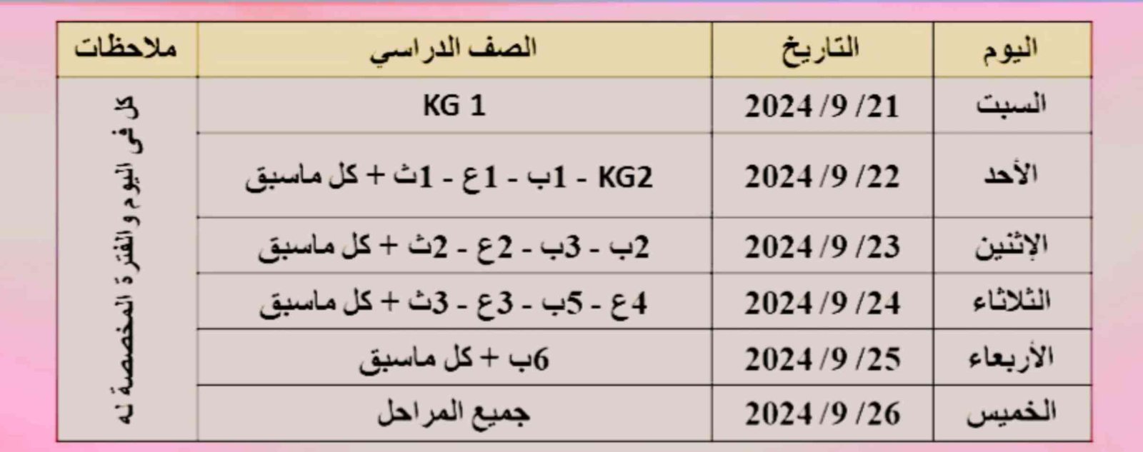 جدول تقسيم حضور الصفوف الدراسية