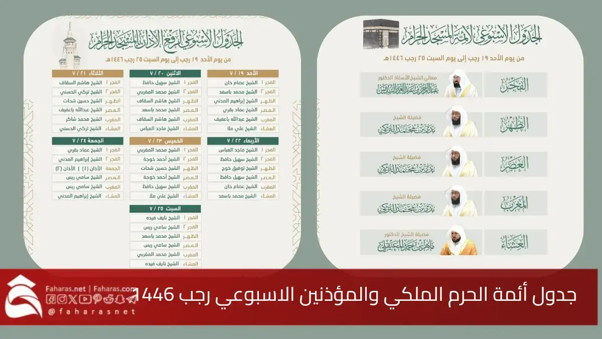 جدول أئمة الحرم الملكي والمؤذنين من 19 لغاية 25 من شهر رجب 1446