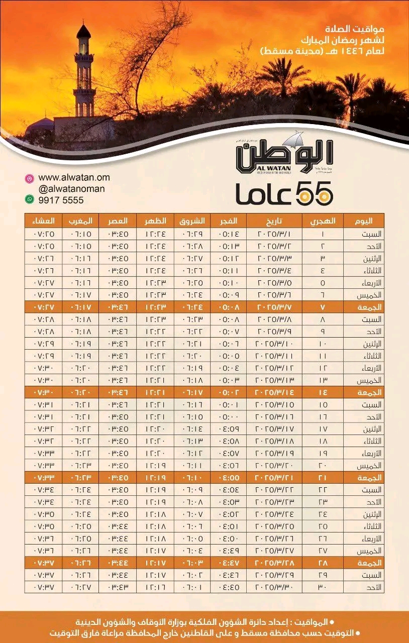 رابط تحميل إمساكية رمضان مسقط pdf لعام 1446-2025 "تعرف على مواقيت الافطار والسحور" 6 جدول إمساكية رمضان مسقط 2025