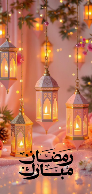 رمضان مبارك وفوانيس رمضان المضيئة في خلفية وردية