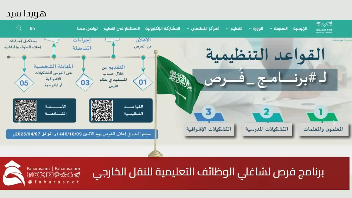 إطلاق برنامج فرص لشاغلي الوظائف التعليمية للنقل الخارجي بالسعودية.. موعد وكيفية التقديم عبر الموقع الرسمي 5 إطلاق برنامج فرص لشاغلي الوظائف التعليمية للنقل الخارجي بالسعودية.. موعد وكيفية التقديم عبر الموقع الرسمي