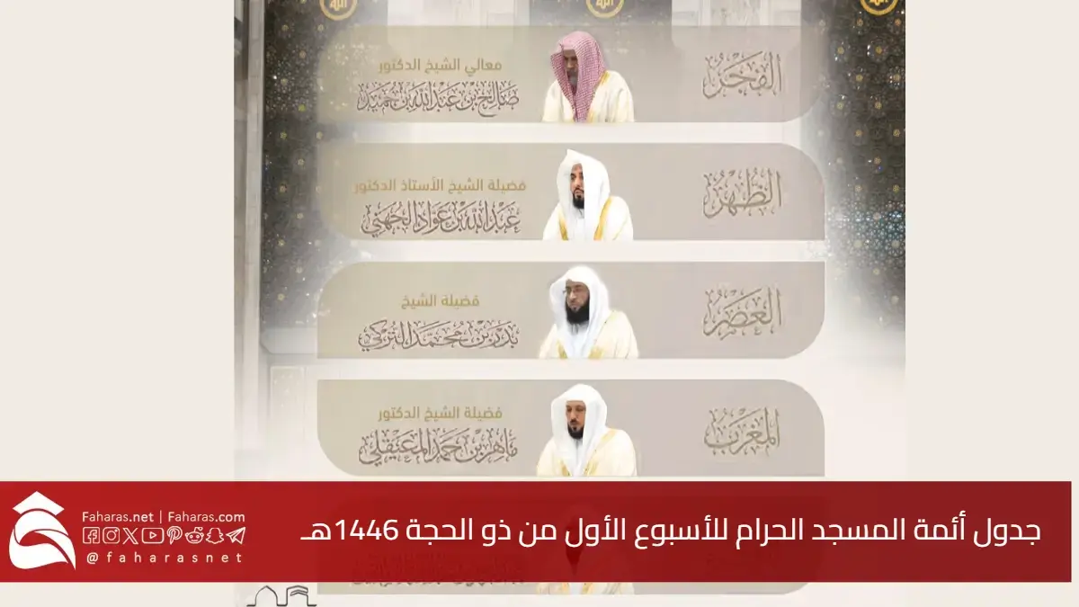 جدول أئمة المسجد الحرام للأسبوع الأول من ذو الحجة 1446هـ.. من 1 حتى 7 ذي الحجه 5 جدول أئمة المسجد الحرام للأسبوع الأول من ذو الحجة 1446هـ.. من 1 حتى 7 ذي الحجه