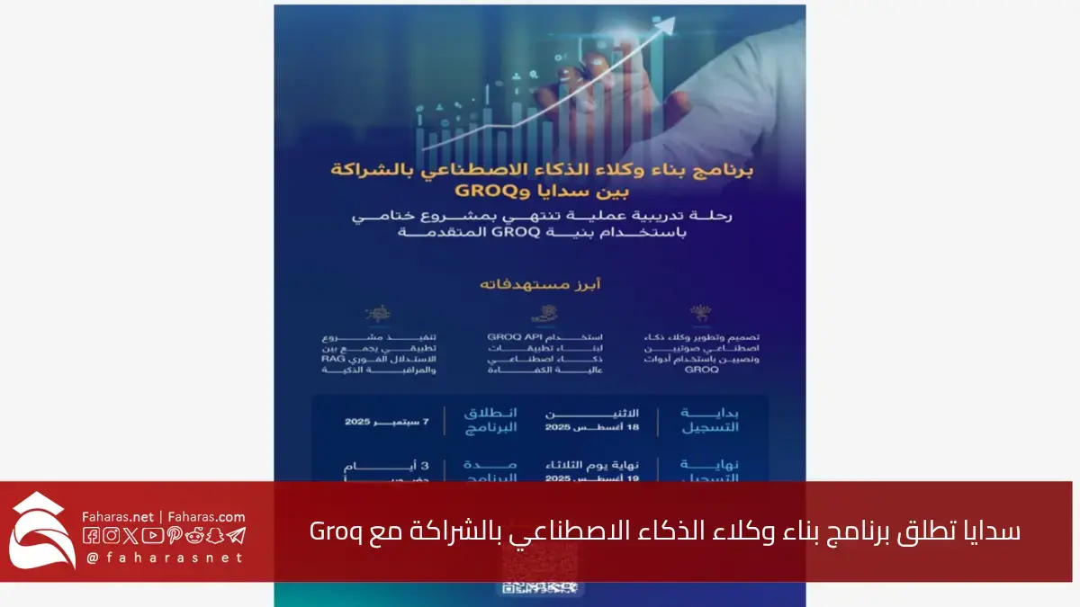 سدايا تعلن إطلاق برنامج بناء وكلاء الذكاء الاصطناعي بالشراكة مع Groq جروك.. شروط الانضمام والرابط الرسمي للتسجيل 5 سدايا تعلن إطلاق برنامج بناء وكلاء الذكاء الاصطناعي بالشراكة مع Groq جروك.. شروط الانضمام والرابط الرسمي للتسجيل
